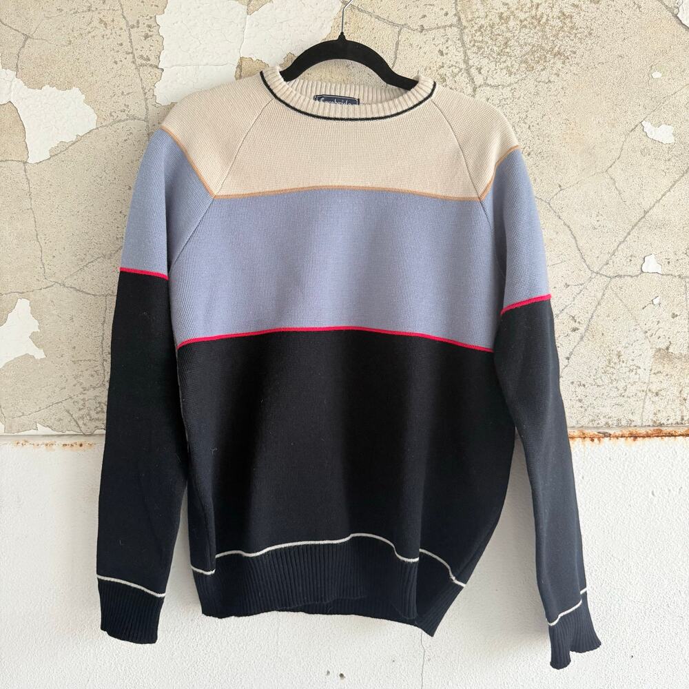 Y2K Colorblock Sweater Neutral Crewneck Classic Preppy Knit Pullover Mens‎ L